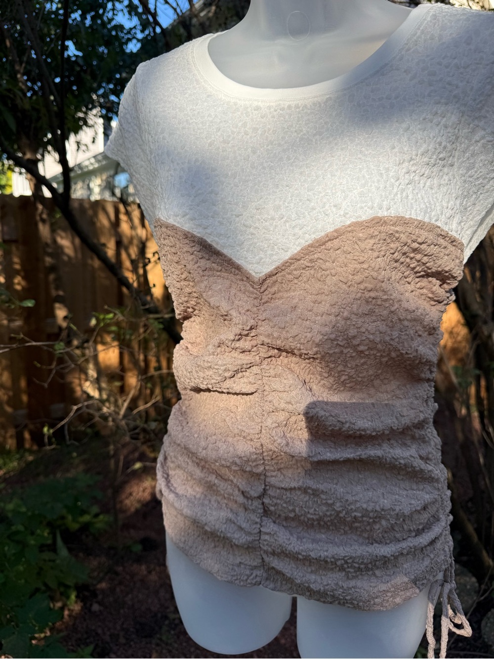 Anthropologie Maeve Ruched Corset Short-Sleeve Top in Beige and White